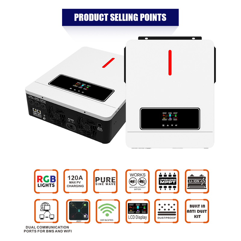  ECO 6.2KW On/off Grid Inversor Solar 60 ~ 500VDC 120A Controlador de carregador MPPT Portas de comunicação duplas para comunicação de bateria e comunicação Wi-Fi